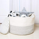 Goodpick Large Basket 23.6"D x 14.2"H | Jumbo Woven Basket | Cotton Rope Basket | Baby Laundry Basket Hamper with Handles for Comforter, Cushions, Quilt, Toy Bins, Brown Stitch